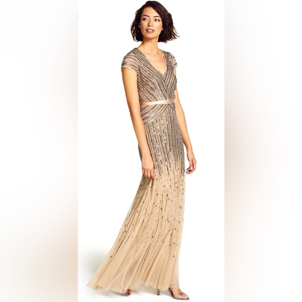 Adrianna Papell Women's Long Beaded V-Neck Dress with Cap Sleeves NWOT